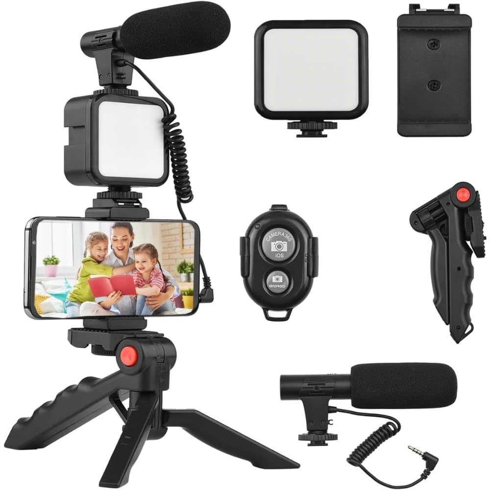 Vlogging Kit for iPhone, Android (with Tripod), with Mini LED Video Light + Cardioid Microphone + Phone Clip + Tripod for Video Calling, Vlogging, YouTube, Instagram, TikTok