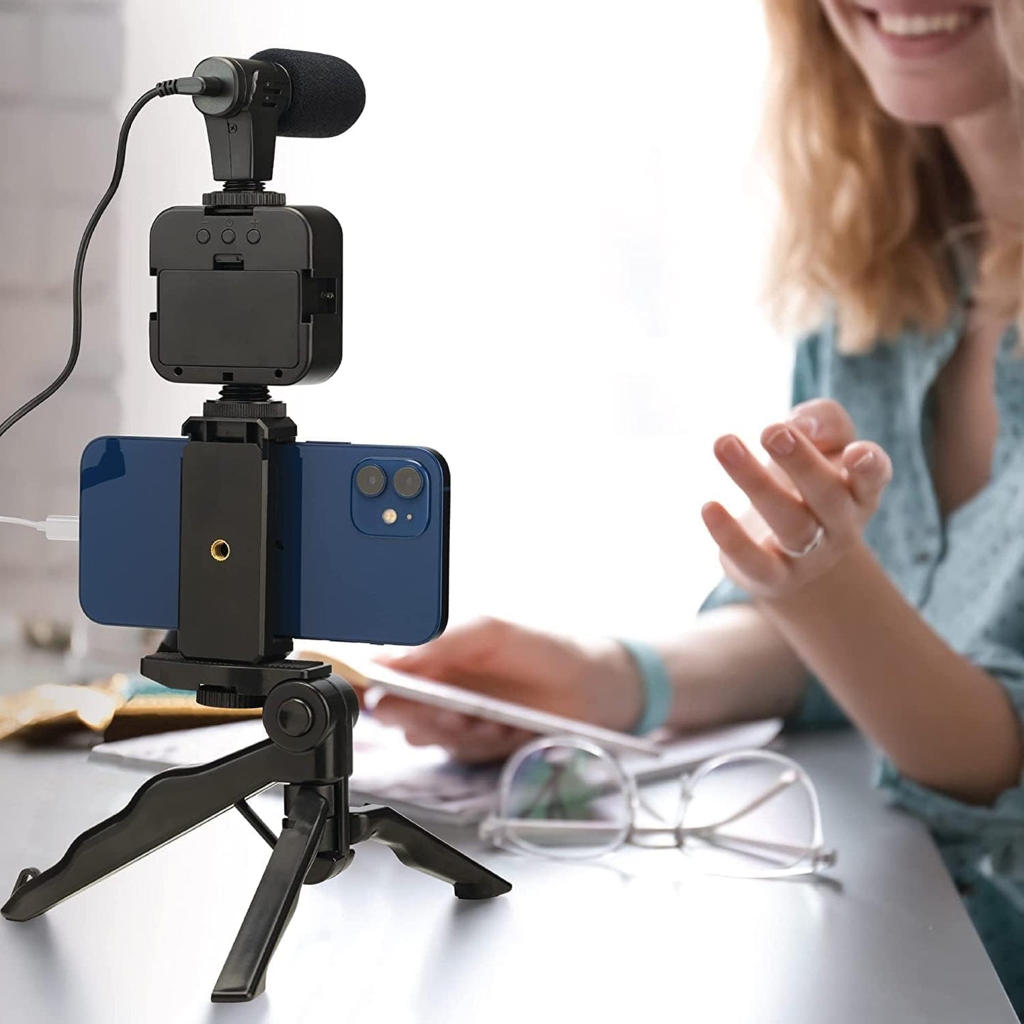 Vlogging Kit for iPhone, Android (with Tripod), with Mini LED Video Light + Cardioid Microphone + Phone Clip + Tripod for Video Calling, Vlogging, YouTube, Instagram, TikTok