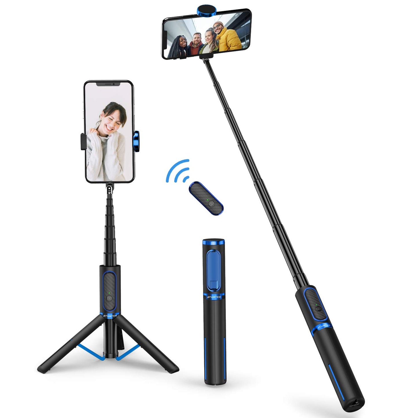ATUMTEK Selfie Stick Tripod, Extendable 3 in 1 Aluminum Bluetooth Selfie Stick with Wireless Remote and Tripod Stand for iPhone 16/15/14/13/12/11 Pro Max/XS Max/XS/XR/X/8/7, Samsung Smartphones Black