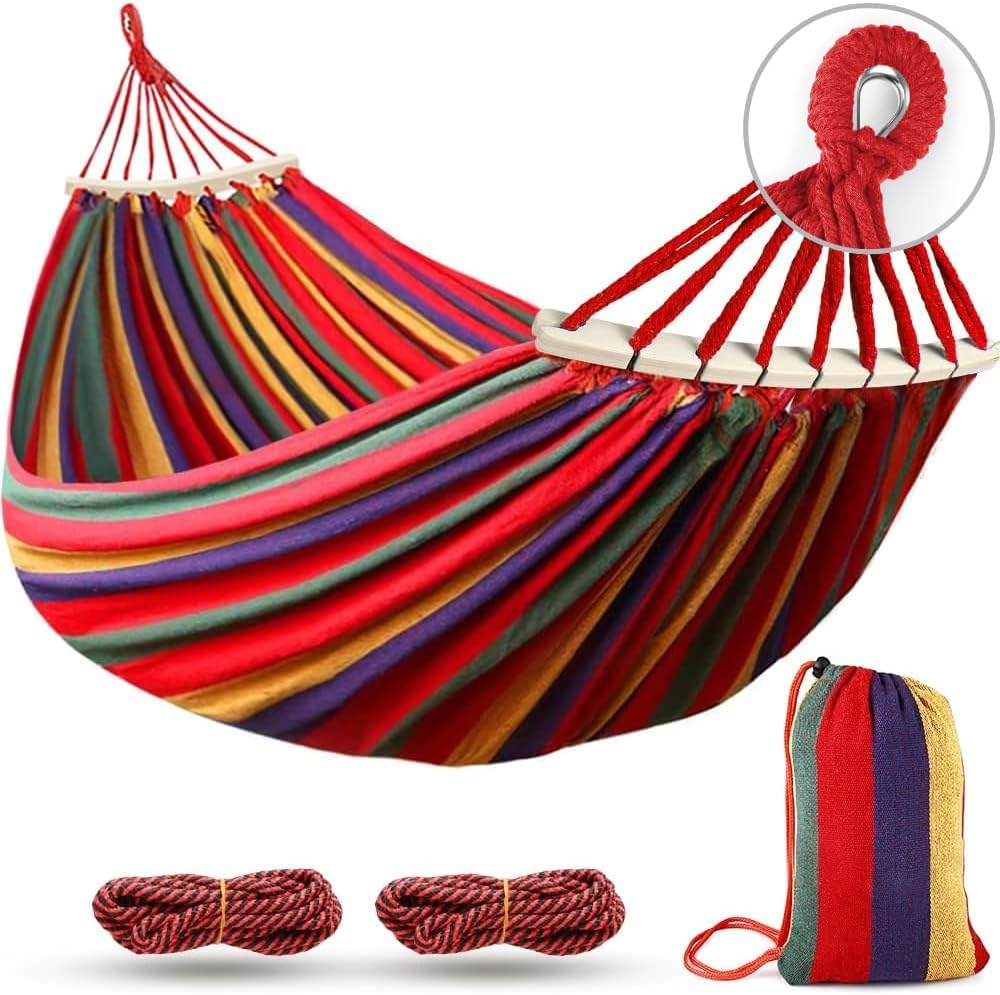 MOSFiATA Camping Hammock 550lb Upgraded Thickened 320G Durable Canvas Fabric Single Hammocks with Two Anti Roll Balance Beam and Sturdy Metal Knot Tree Straps for Camping, Patio, Backyard, Outdoor