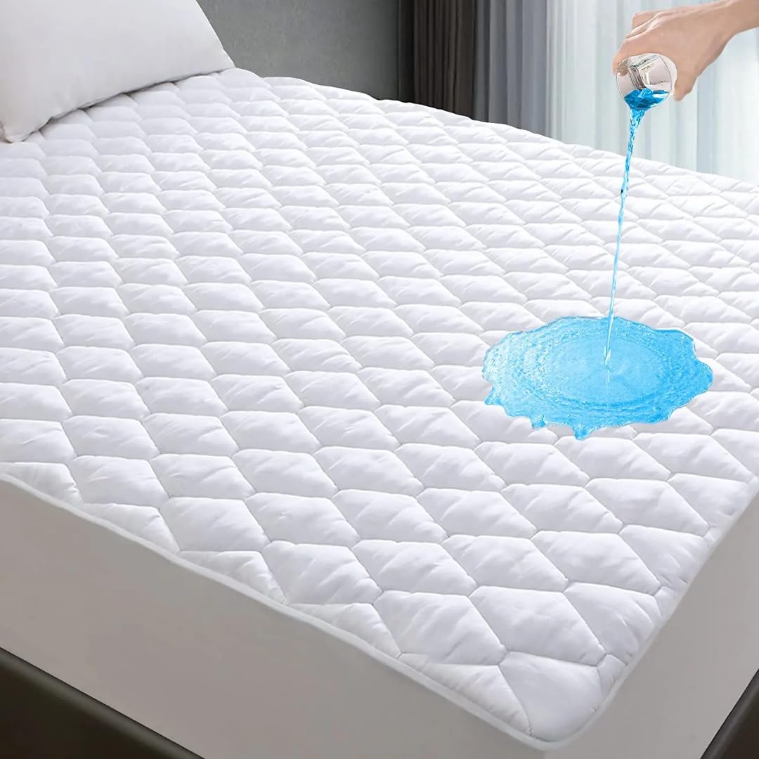 Bedding Fitted Waterproof Mattress Protector, Mattress Pad, Elastic Fitted Mattress Cover Mattress Topper (White) (Double)