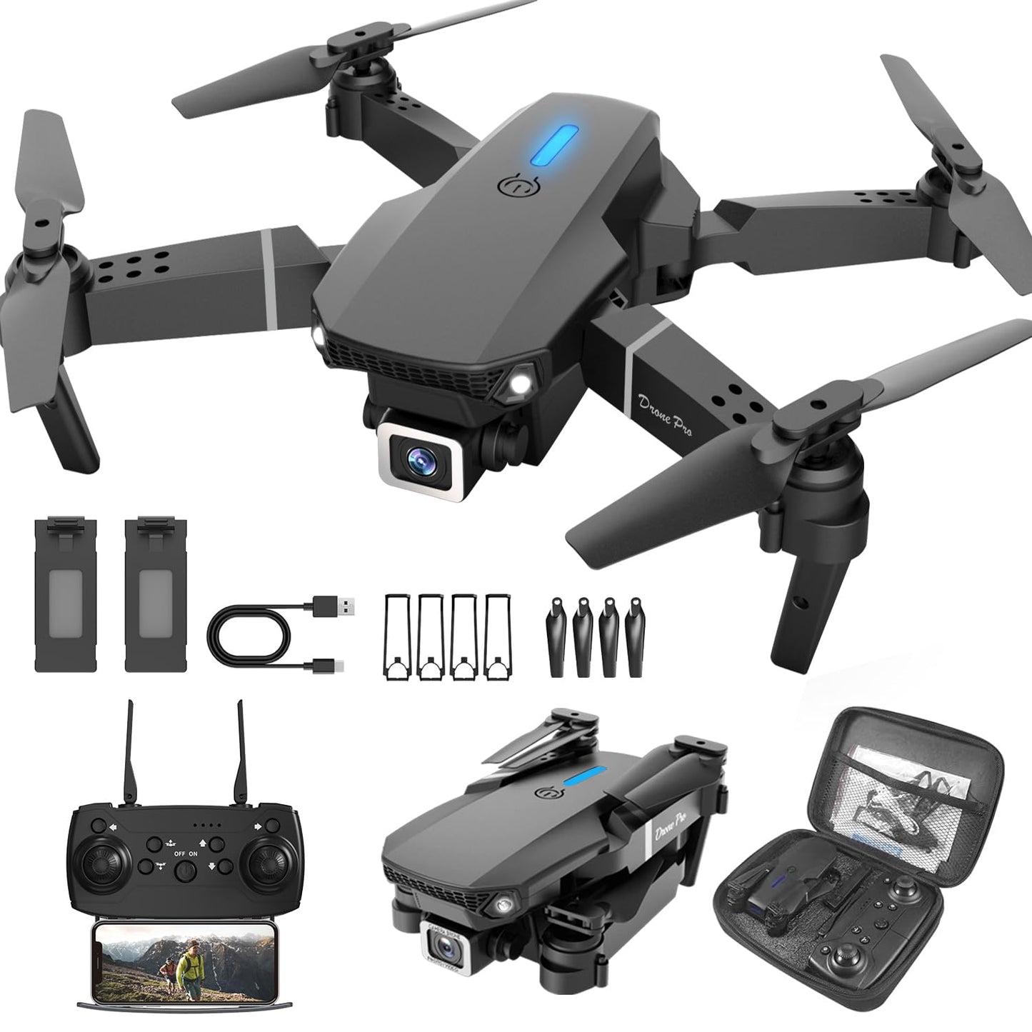 Mini Drone with Camera 1080P, Drone for Kids Boys Beginners, Foldable Drones, Gestures Selfie, One Key Start, 360° Flips, 2 Batteries Toy Gifts for Boys Black