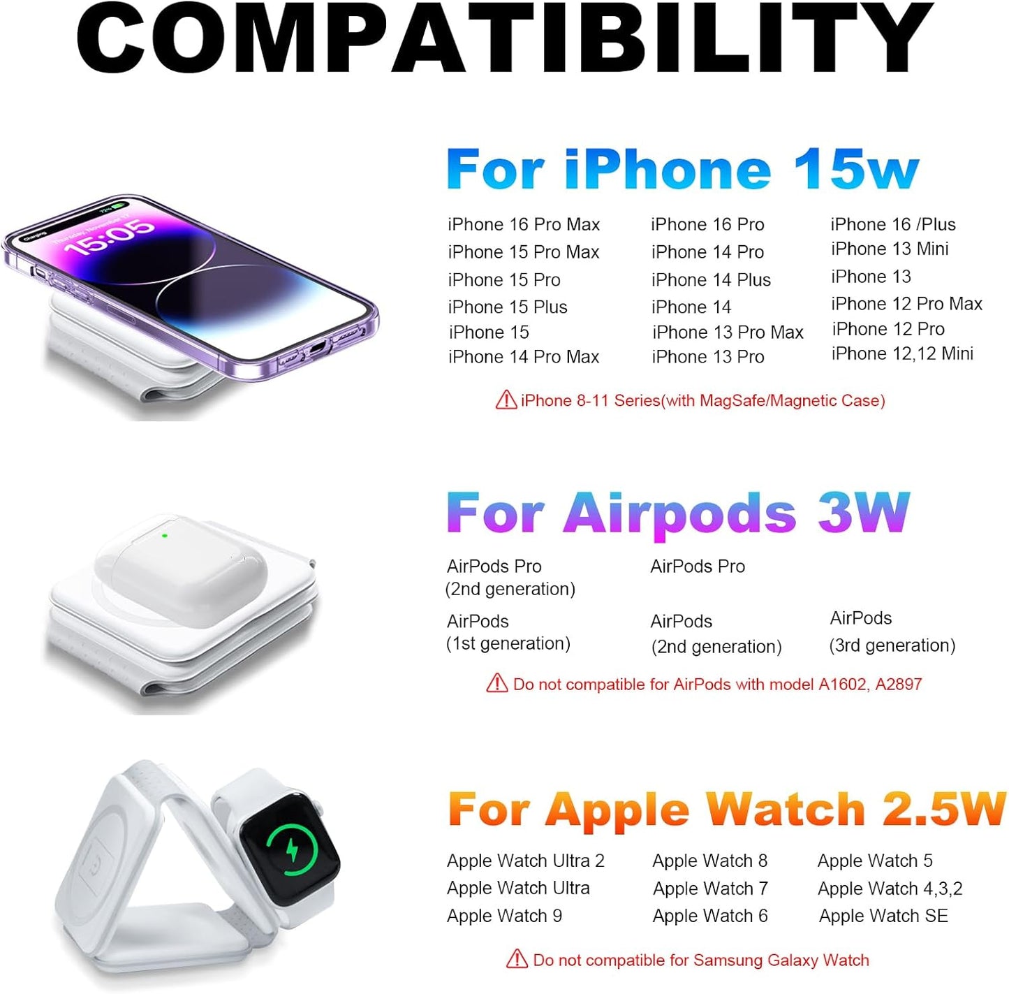 Wireless Charging Station for Apple Multiple Devices ，3 in 1 Magnetic Foldable Wireless Charger-Travel Charging Pad for iPhone 15 14 13 12 Pro Max Plus Watch & Airpods(Adapter not Included)