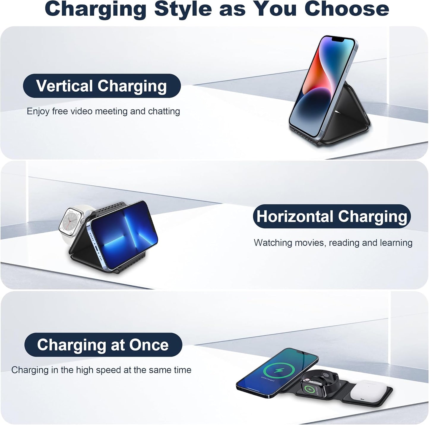 Charging Station for Apple Multiple Devices - 3 in 1 Foldable Magnetic Wireless Charger - Travel Charging Pad for iPhone 15 14 13 12 Pro Max Plus Watch & Airpods Black