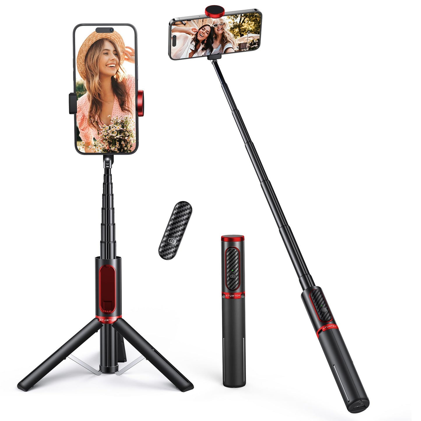 ATUMTEK Selfie Stick Tripod, Extendable 3 in 1 Aluminum Bluetooth Selfie Stick with Wireless Remote and Tripod Stand for iPhone 16/15/14/13/12/11 Pro Max/XS Max/XS/XR/X/8/7, Samsung Smartphones Black