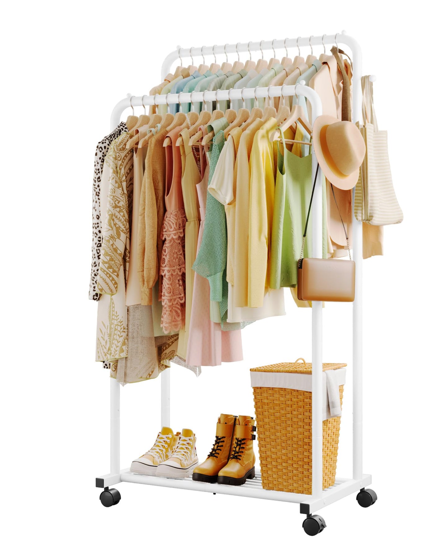 Sakugi Clothes Rack - Double Rods Clothing Rack with Mesh Shelf, Hooks & Wheels, Metal Clothing Racks for Hanging Clothes & Bags, Multifunctional Garment Rack for Laundry, Black, 28.7" x 16.5" x 59.1"