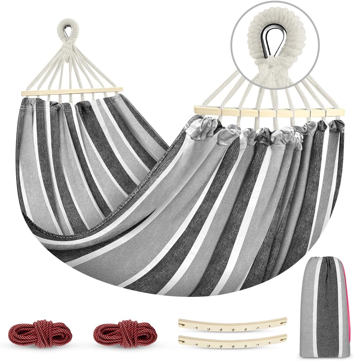 MOSFiATA Camping Hammock 550lb Upgraded Thickened 320G Durable Canvas Fabric Single Hammocks with Two Anti Roll Balance Beam and Sturdy Metal Knot Tree Straps for Camping, Patio, Backyard, Outdoor