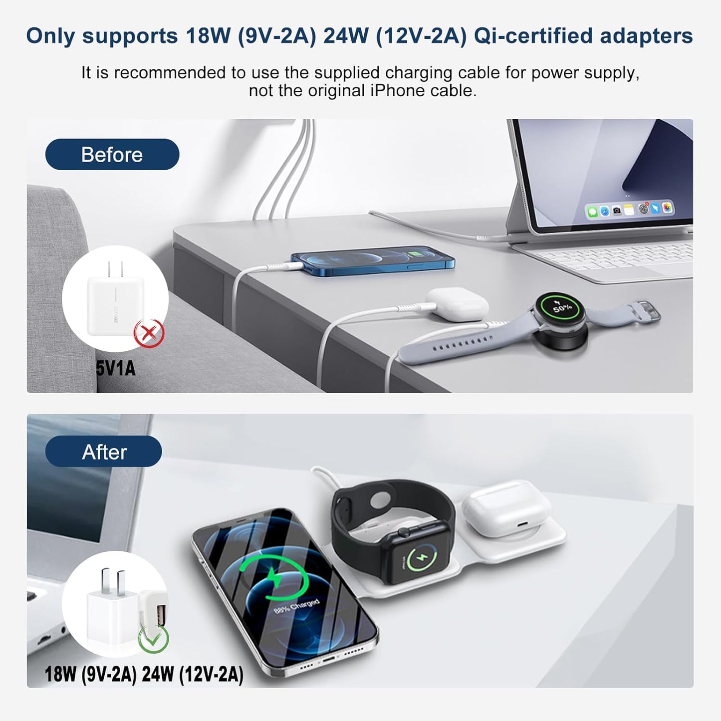 Wireless Charging Station for Apple Multiple Devices ，3 in 1 Magnetic Foldable Wireless Charger-Travel Charging Pad for iPhone 15 14 13 12 Pro Max Plus Watch & Airpods(Adapter not Included)