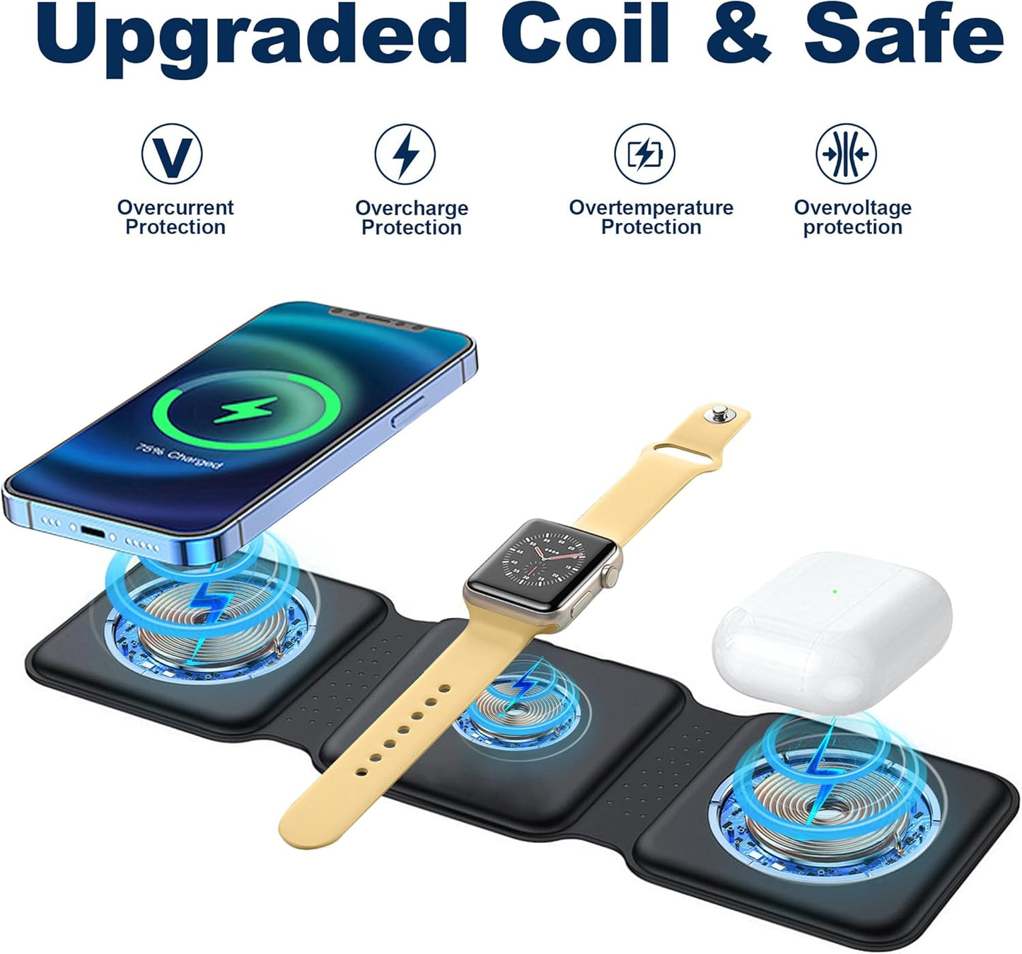 Charging Station for Apple Multiple Devices - 3 in 1 Foldable Magnetic Wireless Charger - Travel Charging Pad for iPhone 15 14 13 12 Pro Max Plus Watch & Airpods Black