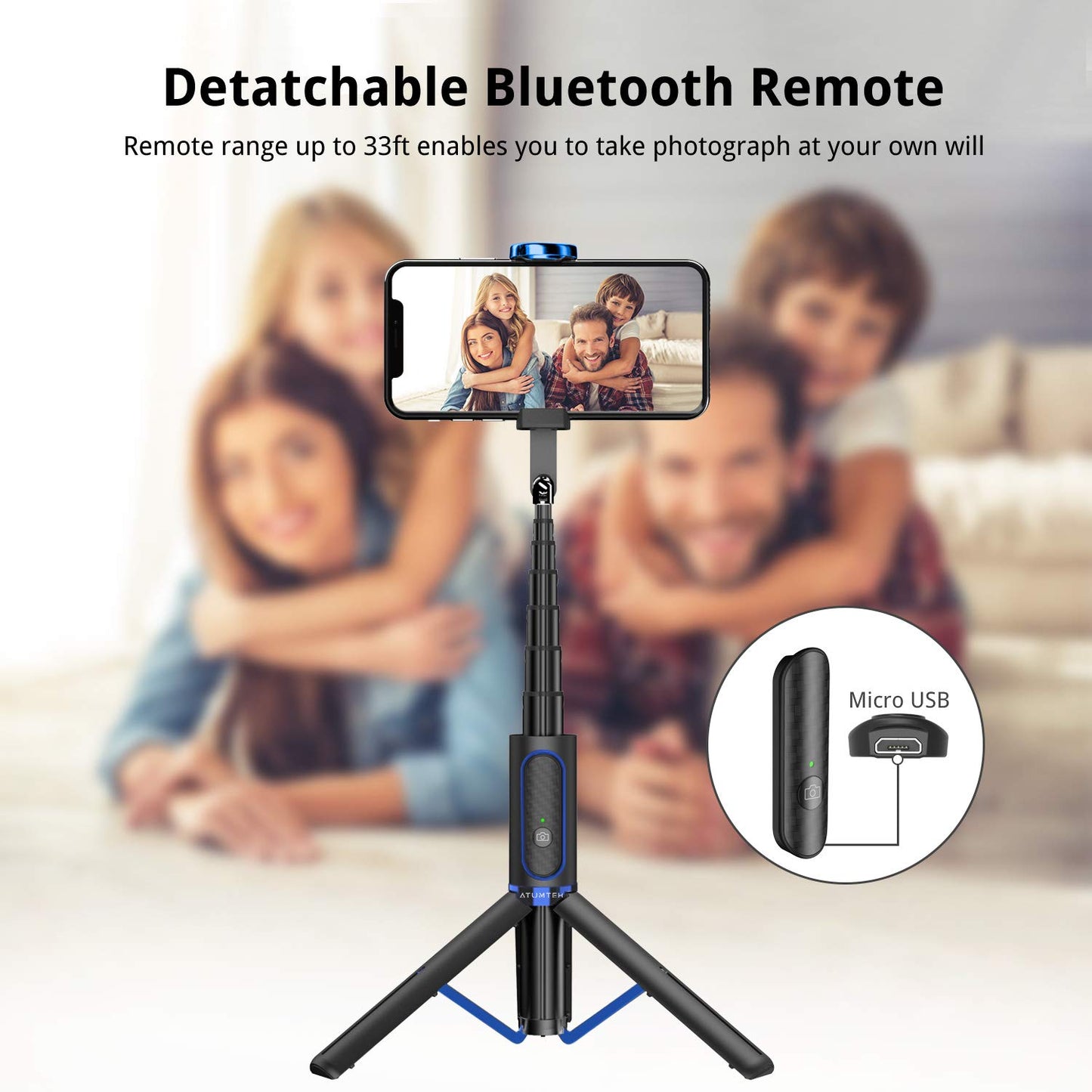ATUMTEK Selfie Stick Tripod, Extendable 3 in 1 Aluminum Bluetooth Selfie Stick with Wireless Remote and Tripod Stand for iPhone 16/15/14/13/12/11 Pro Max/XS Max/XS/XR/X/8/7, Samsung Smartphones Black