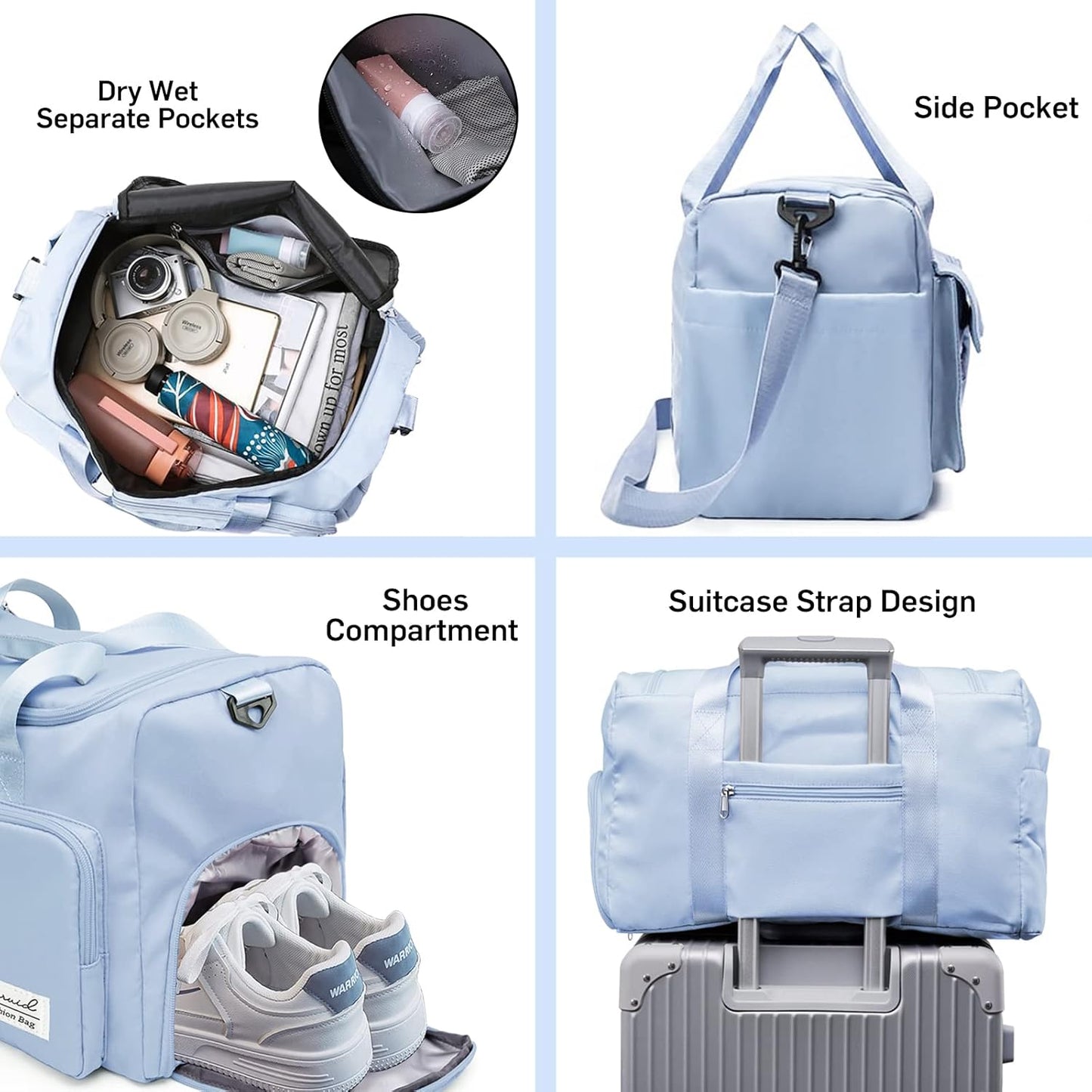 Sports Gym Bag with Shoes Compartment Travel Duffel Bag with Dry Wet Separated Pocket for Men and Women, Overnight Bag Weekender Bag Training Handbag Yoga Bag - Blue