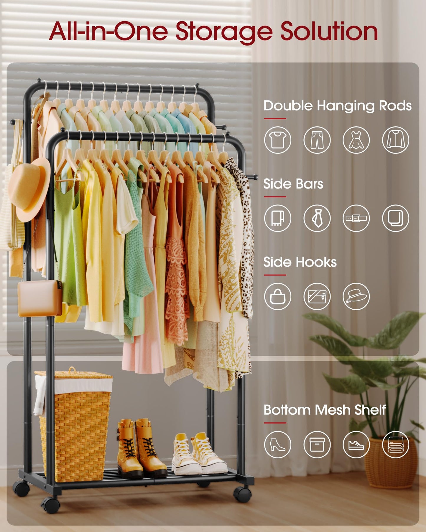 Sakugi Clothes Rack - Double Rods Clothing Rack with Mesh Shelf, Hooks & Wheels, Metal Clothing Racks for Hanging Clothes & Bags, Multifunctional Garment Rack for Laundry, Black, 28.7" x 16.5" x 59.1"