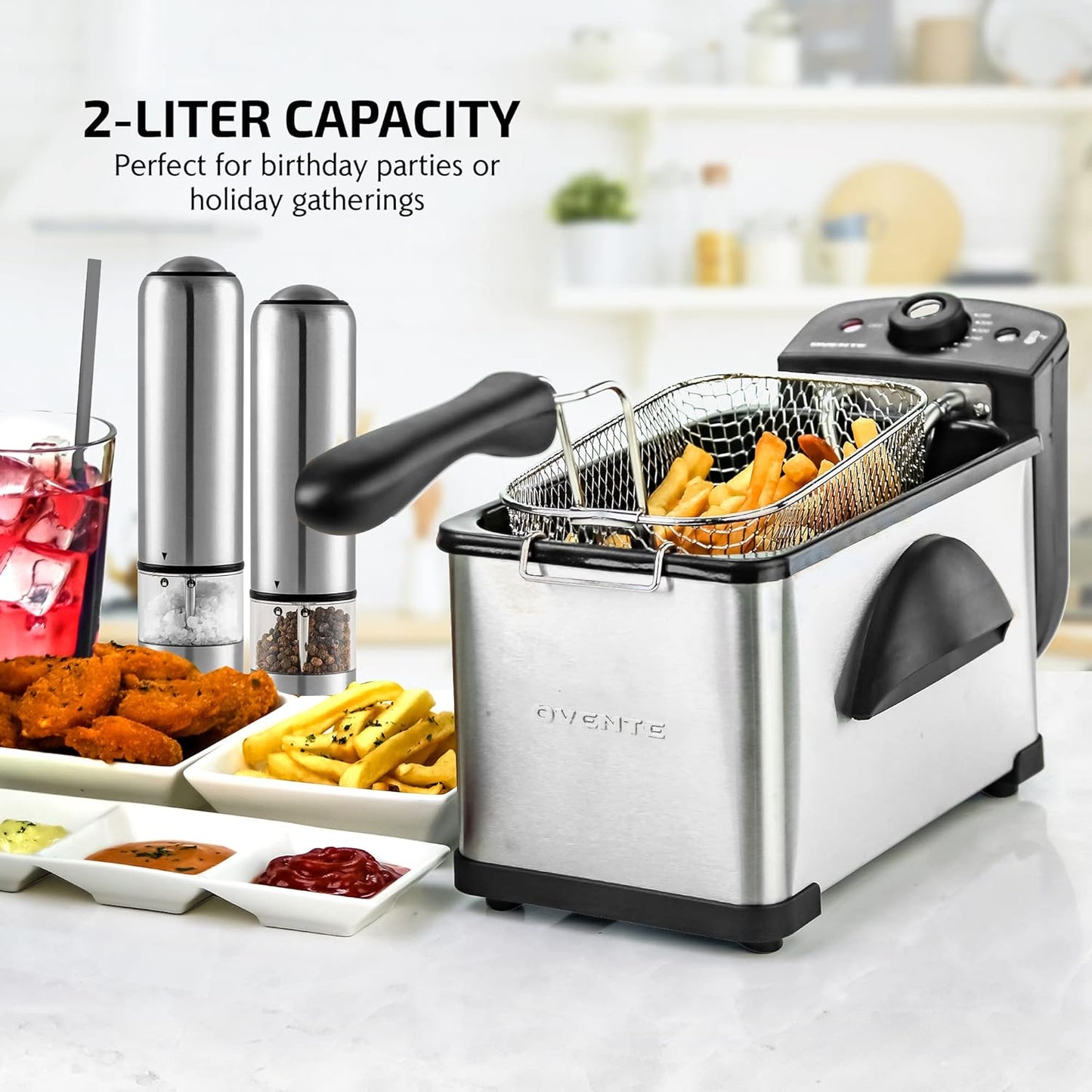 Condere Electric Deep Fryer 2 Liter Capacity, 1500 Watt Lid with Viewing Window and Odor Filter, Adjustable Temperature, Removable Frying Basket and Easy to Clean Stainless Steel Body, Silver FDM2201BR