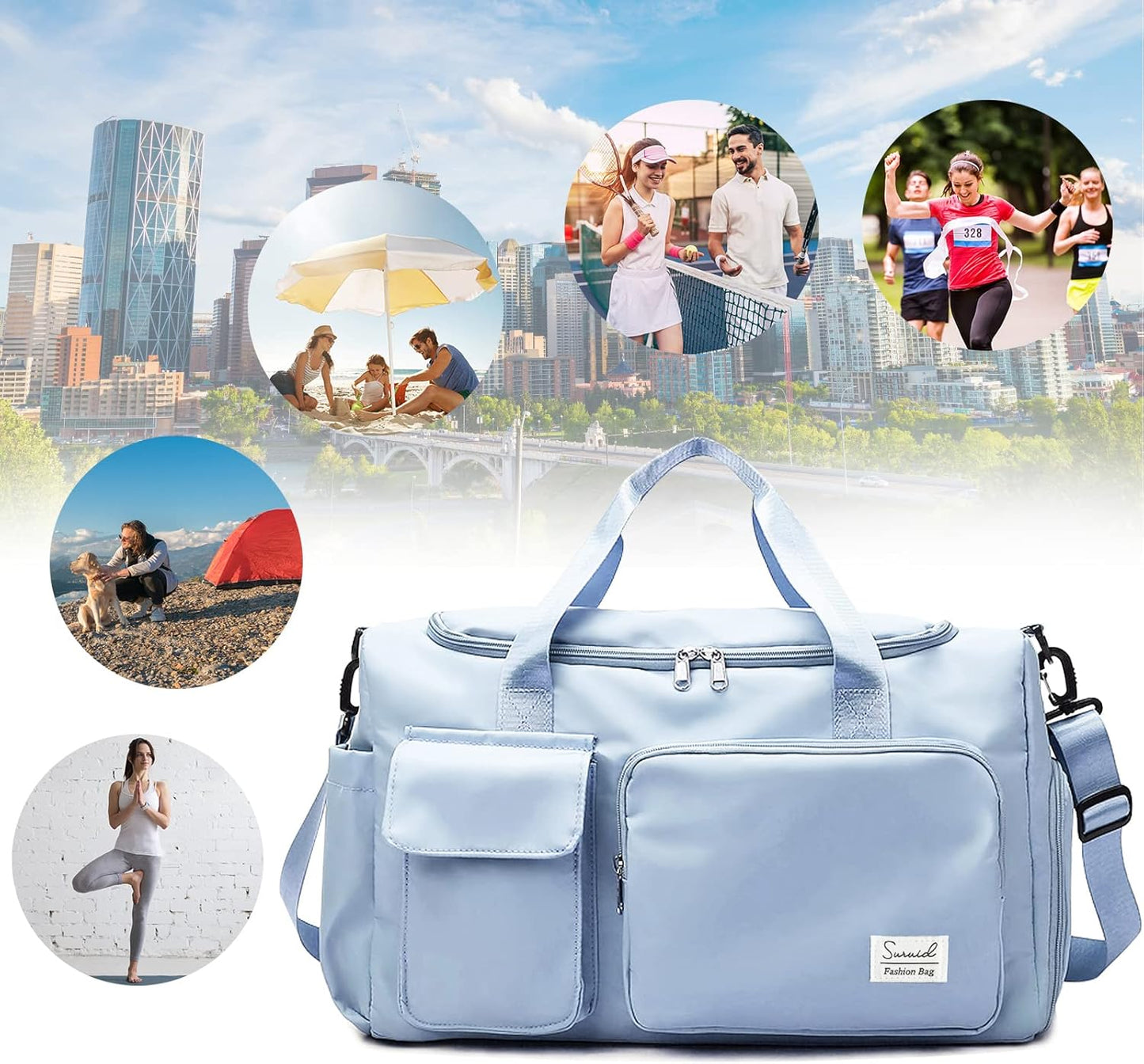 Sports Gym Bag with Shoes Compartment Travel Duffel Bag with Dry Wet Separated Pocket for Men and Women, Overnight Bag Weekender Bag Training Handbag Yoga Bag - Blue