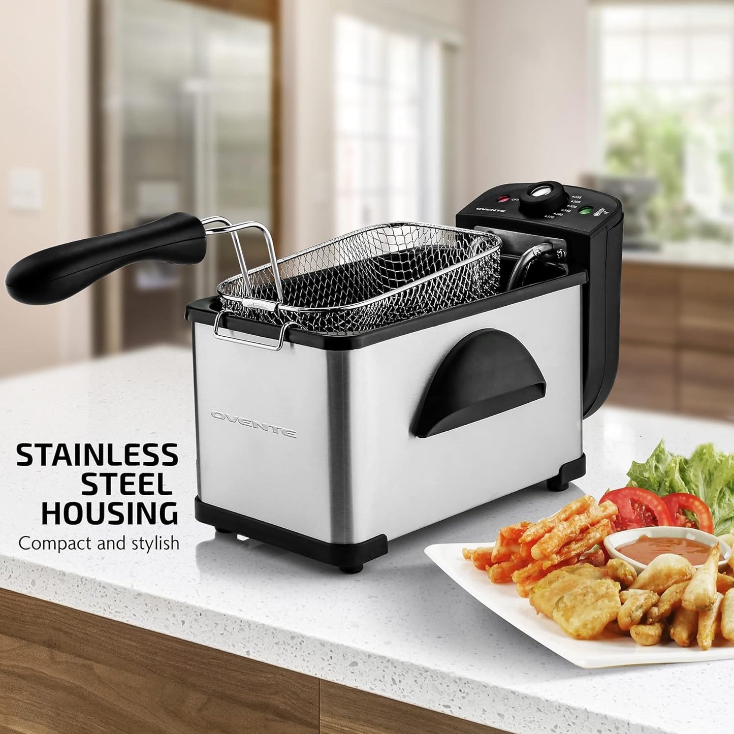 Condere Electric Deep Fryer 2 Liter Capacity, 1500 Watt Lid with Viewing Window and Odor Filter, Adjustable Temperature, Removable Frying Basket and Easy to Clean Stainless Steel Body, Silver FDM2201BR